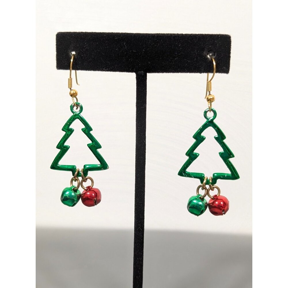 Christmas Tree‎ Bell Charm Dangle Earrings Red Green Holiday Pierced